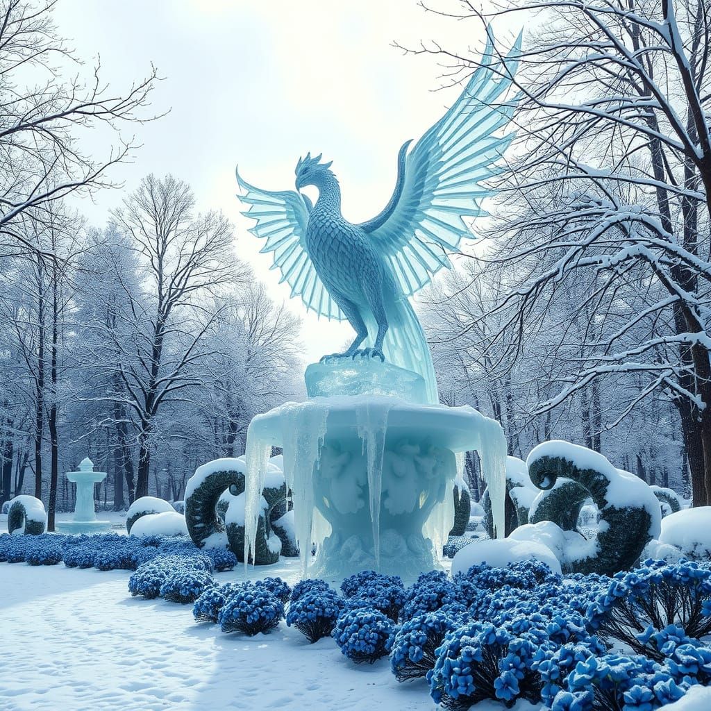 Ethereal Ice Phoenix Statue in Winter Wonderland