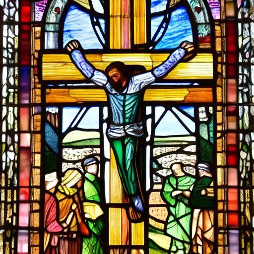 Crucifixion in Stained Glass, Gouache Style