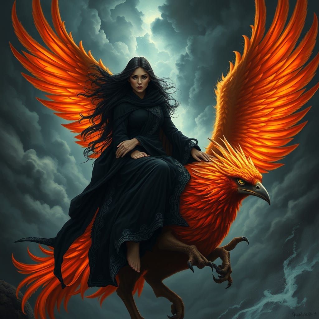 Dark Mystical Woman Rides Majestic Phoenix in Epic Fantasy L...