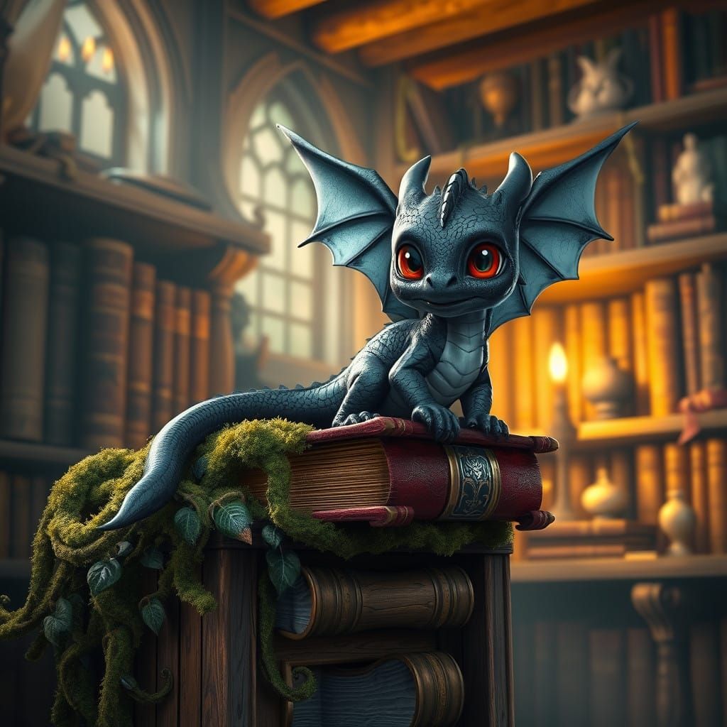 Fantasy Library Scene with Curious Baby Dragon