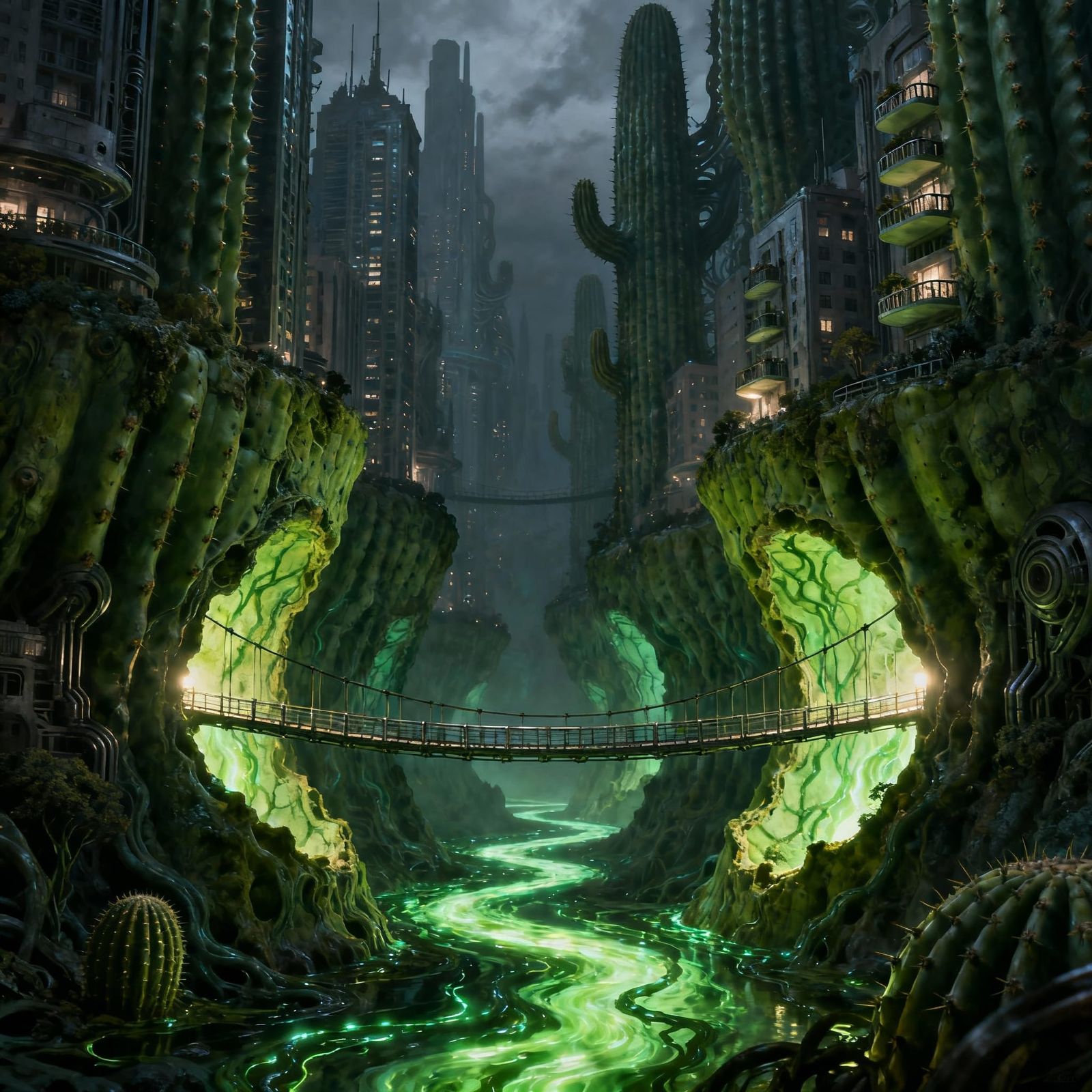 Surreal Cactus Metropolis with Bioluminescent Veins
