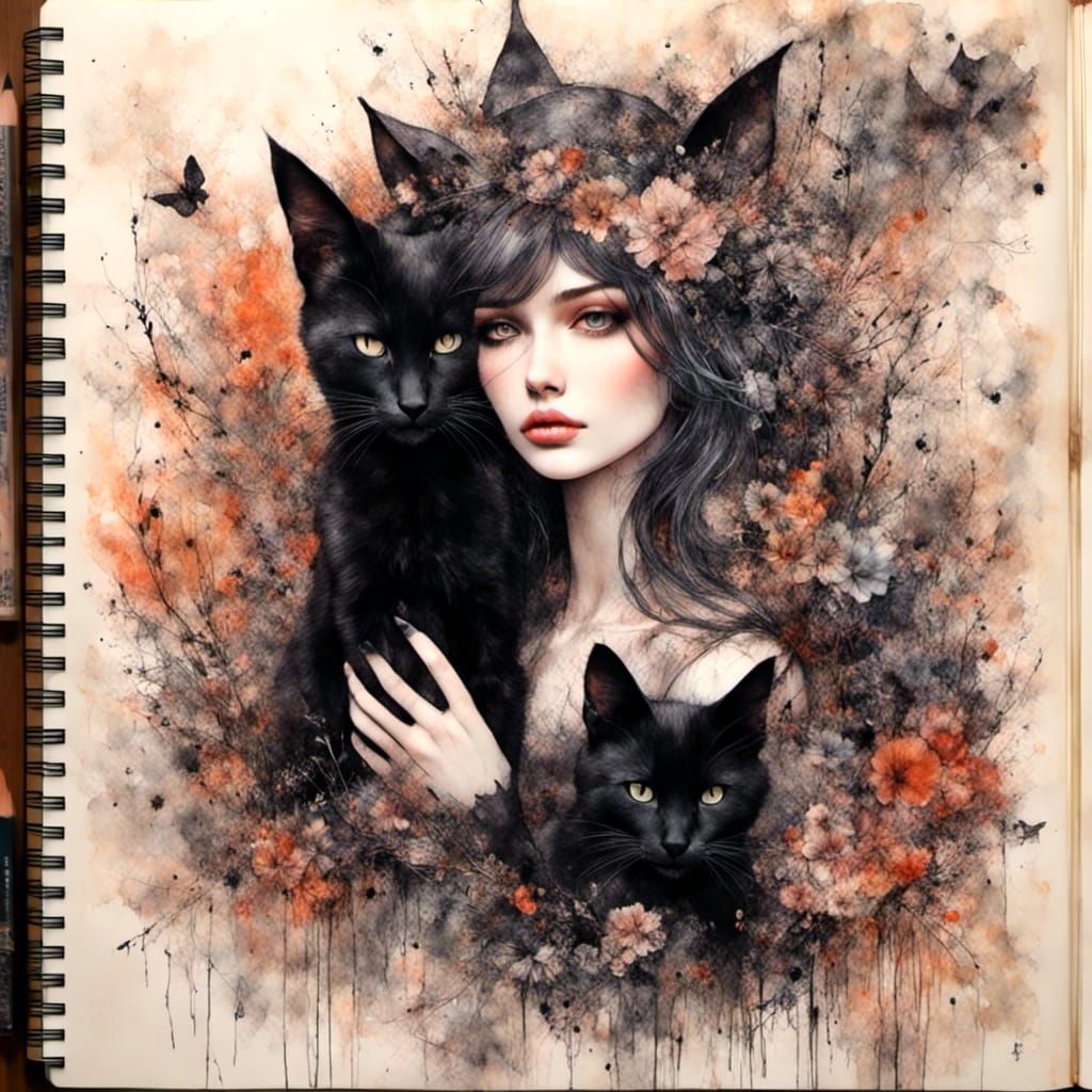 Darkling Witch and Black Cat in Art Journal Style