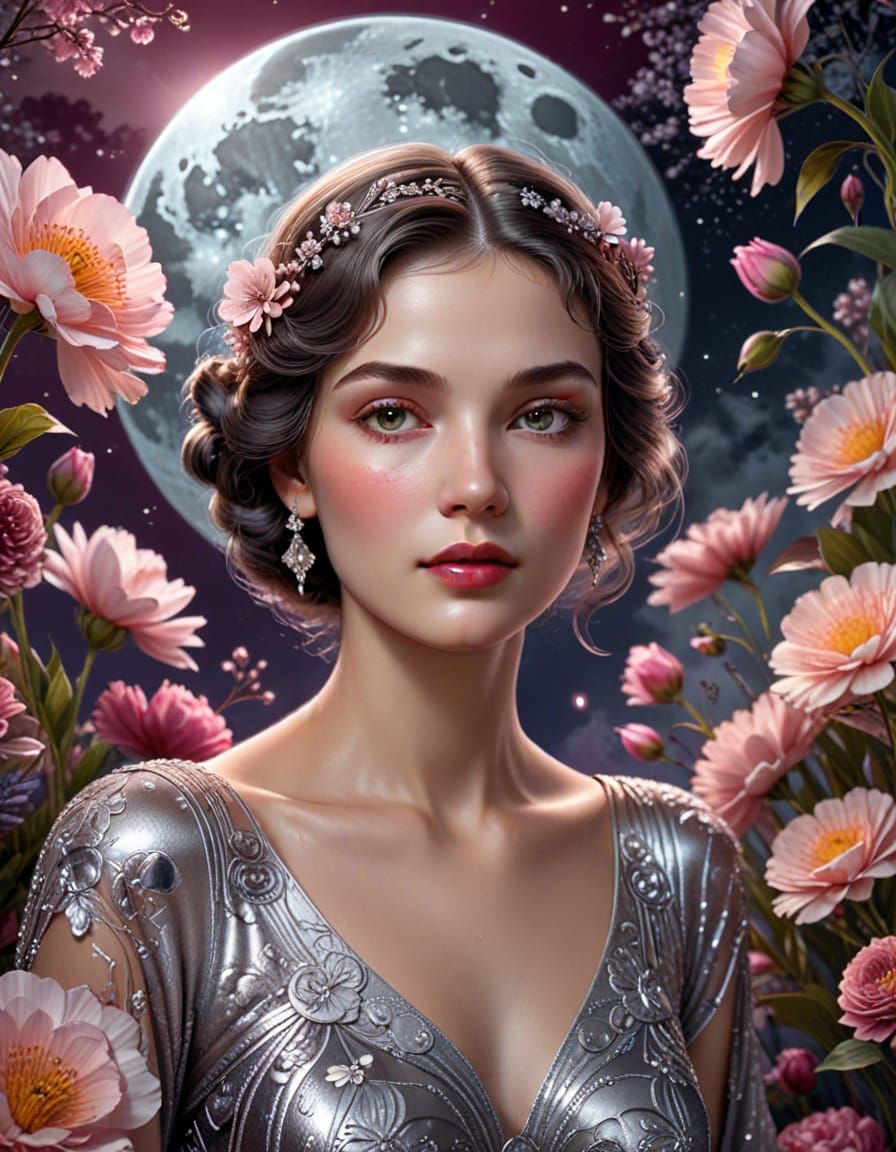 Art Deco Woman Portrait With Flowers Under Moon