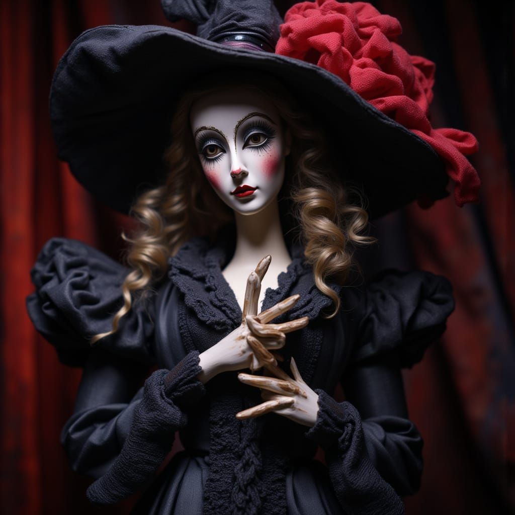Exquisite Porcelain Witch Puppet with Surreal Shadows