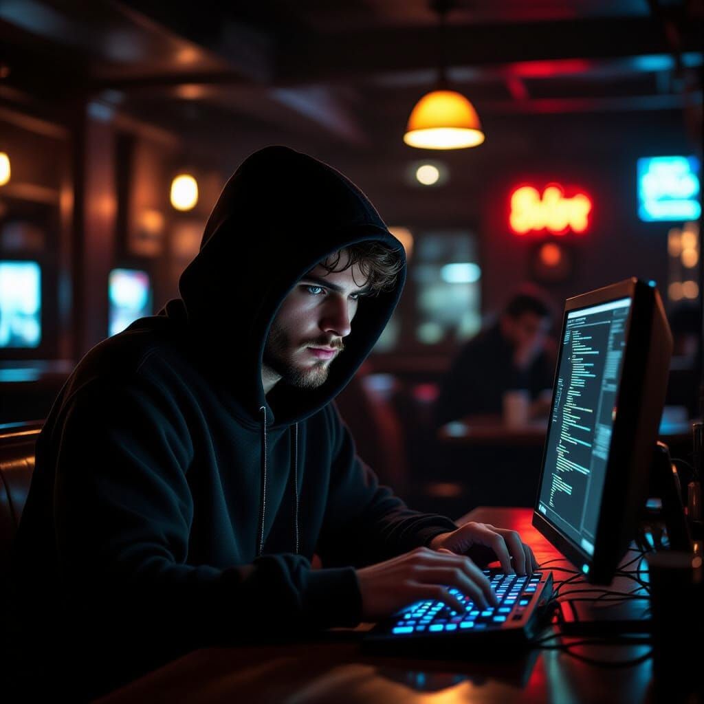 Hacker in Dark Bar: Cinematic Film Still