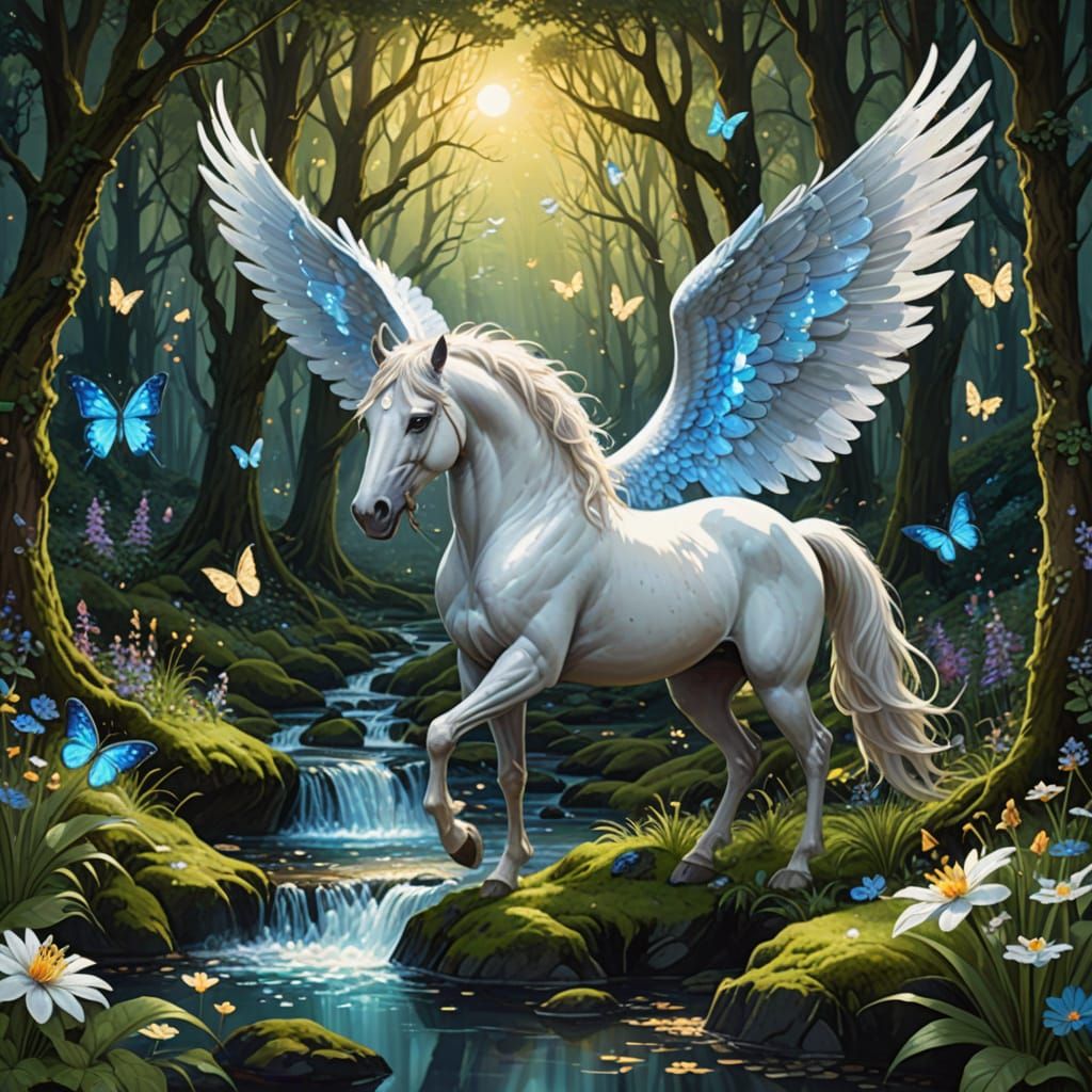 Majestic Pegasus Drinks From Glowing Forest Stream