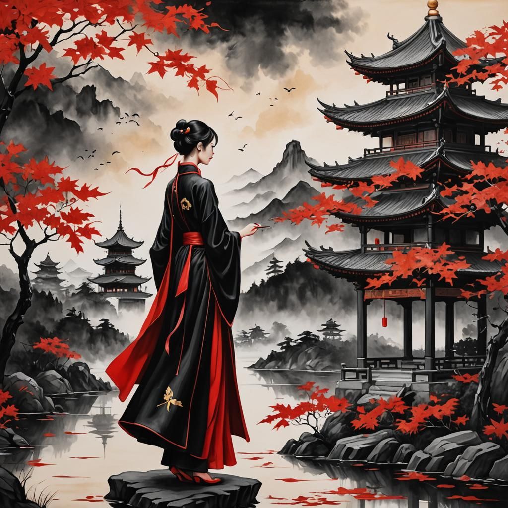 Minimalist Landscape with Pagoda and Red Silhouette