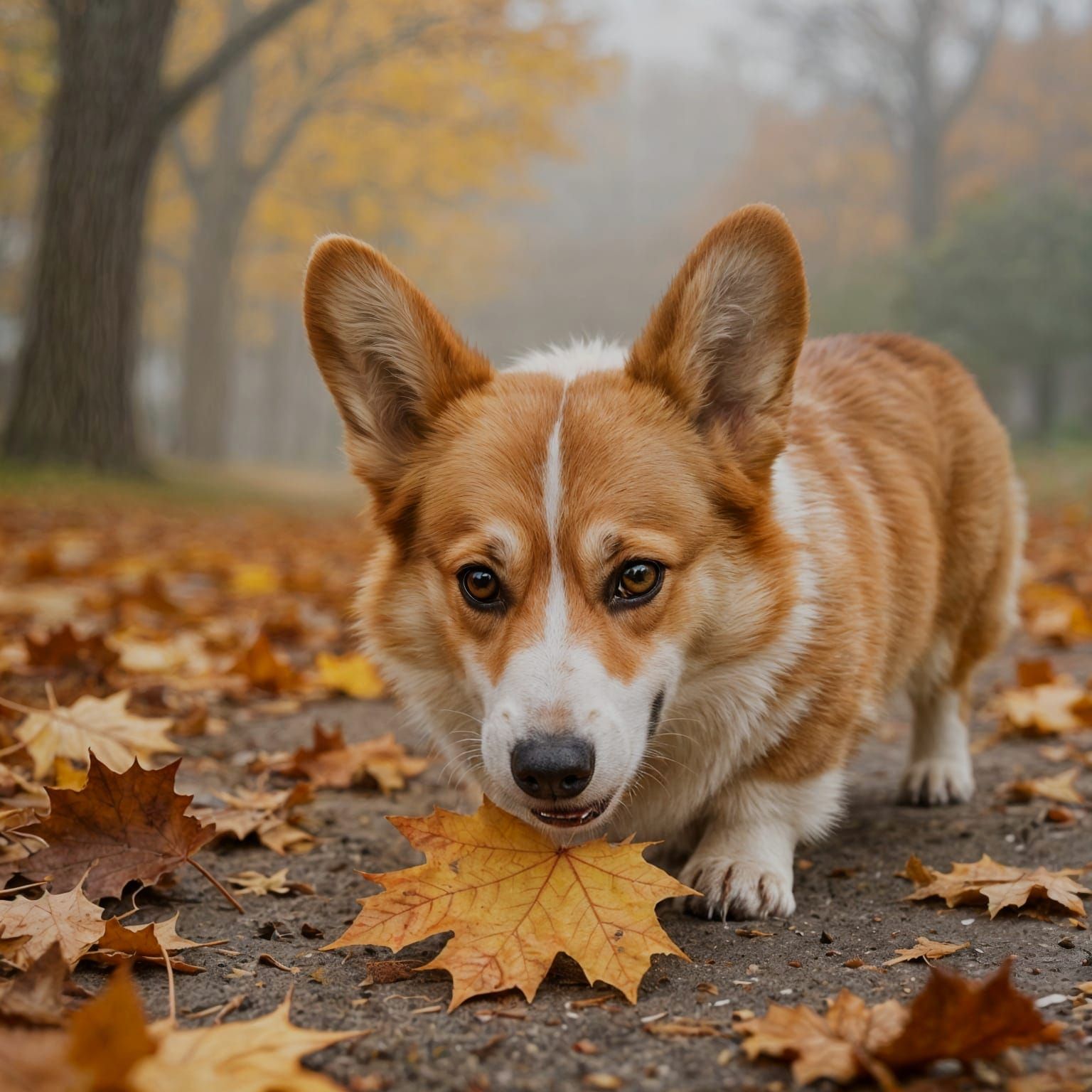 Smiling Corgi in Autumn Park with Fog