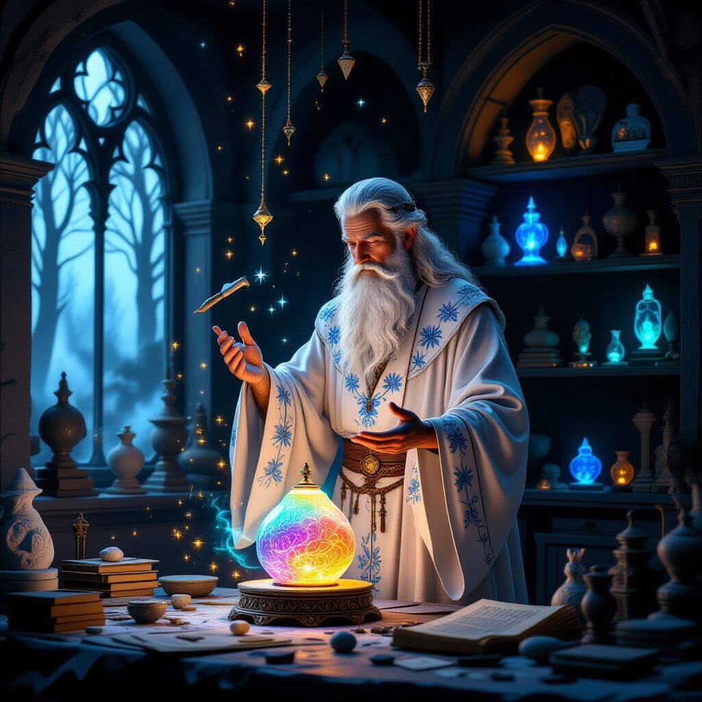 Wise Sculptor Crafts Magic Bell in Mystical Workshop