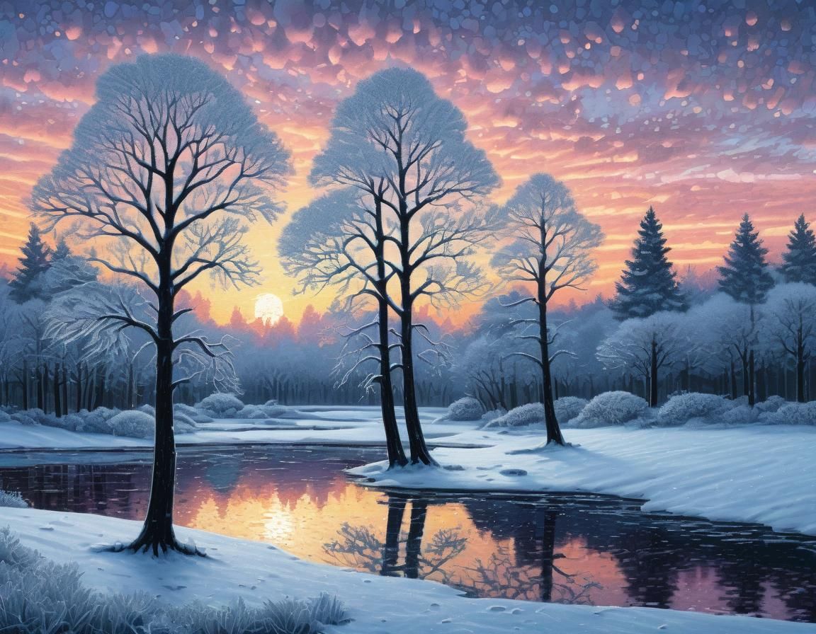 Winter Sunset Landscape in Pointillism Style