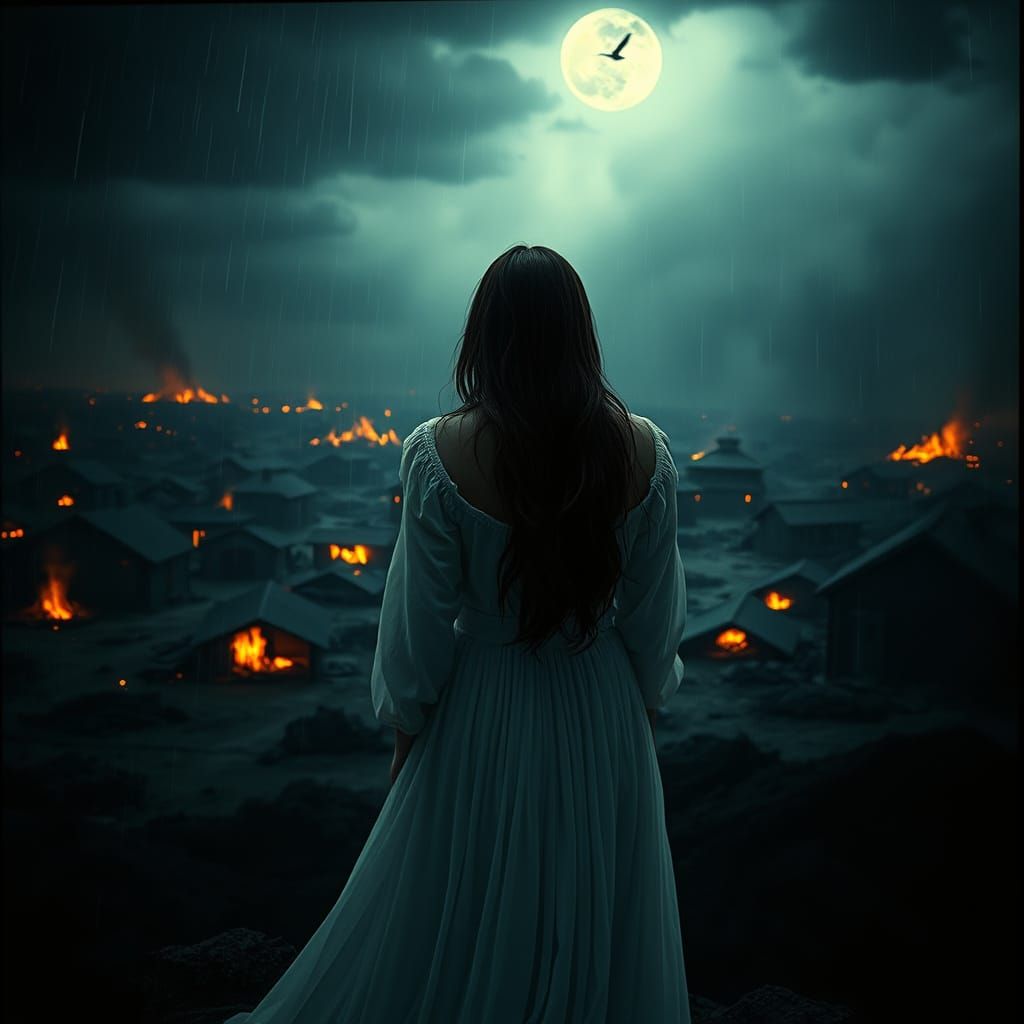 Mysterious Woman in Haunted Apocalyptic Landscape