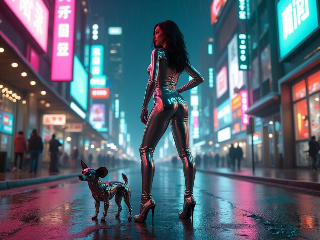 Confident Futuristic Woman Dominates the Cityscape