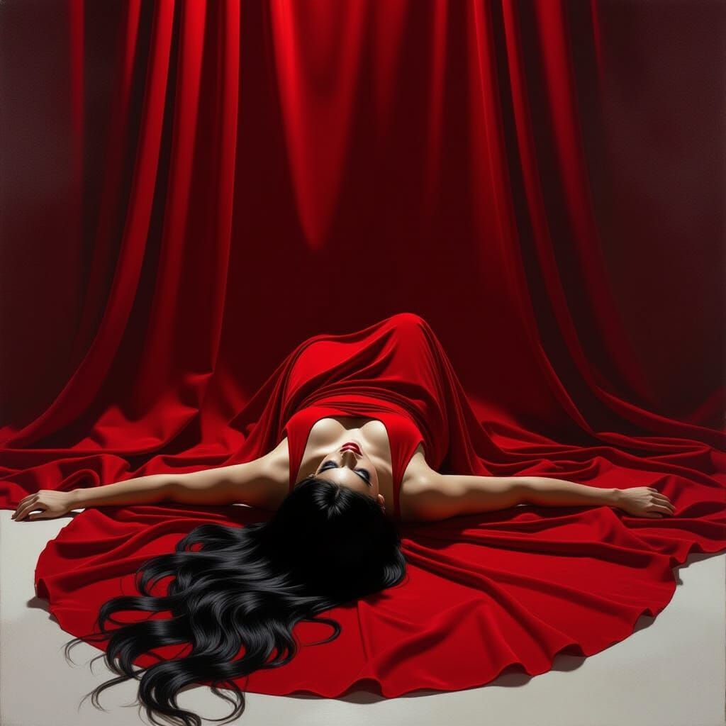 Scarlet Fabric Envelops Woman in Dramatic Chiaroscuro