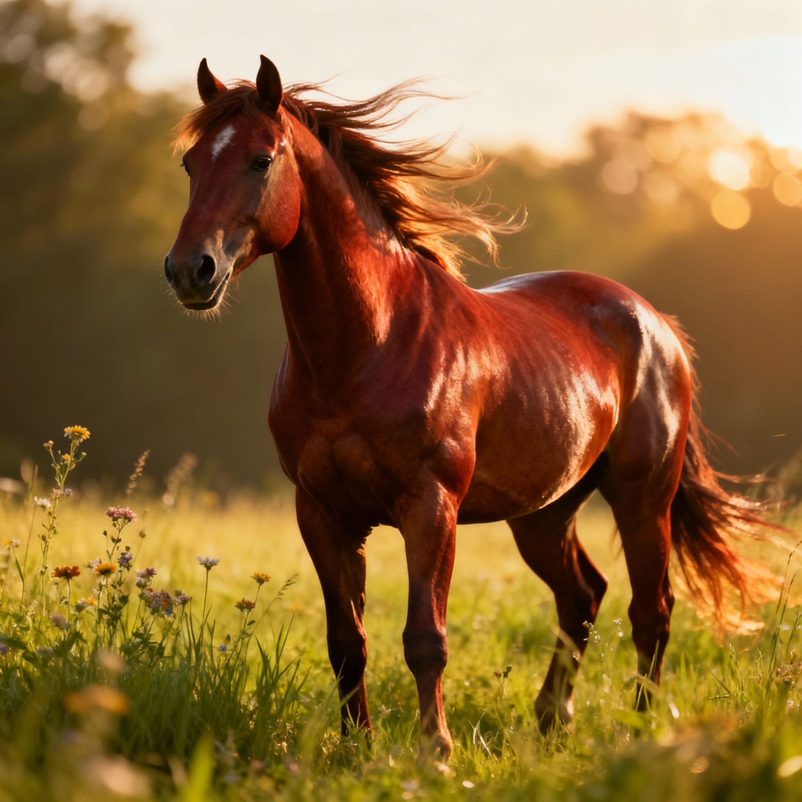 Majestic Bay Horse in Sunlit Meadow