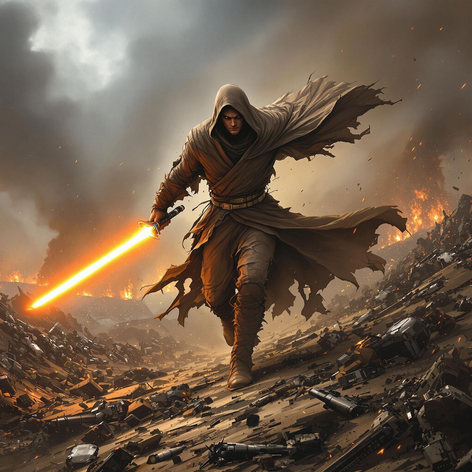 Majestic Jedi Warrior Charges Through Devastated Battlefield