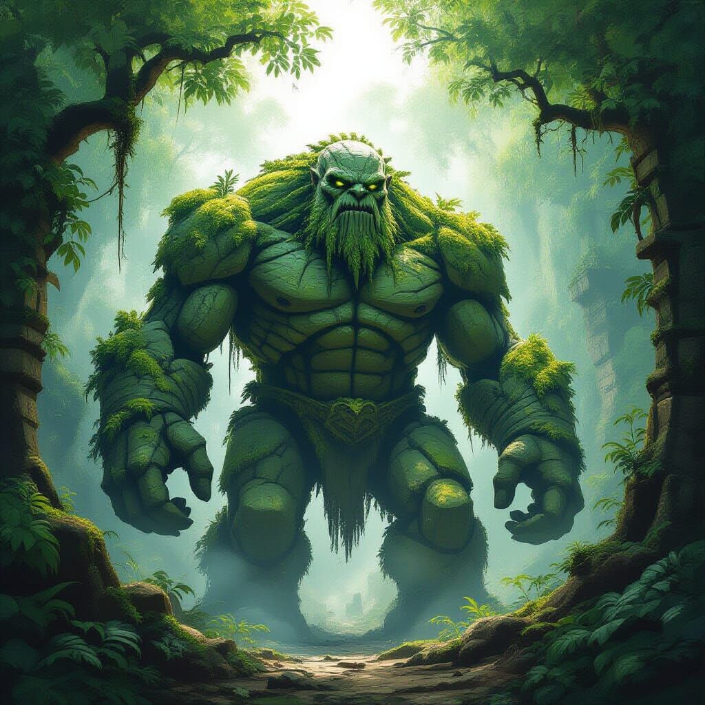 Mossy Stone Golem Guards Jungle Ruins in Digital Art Style