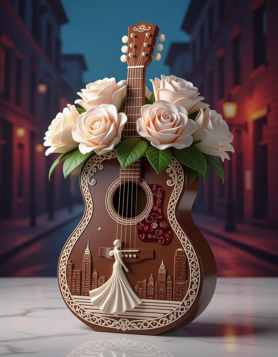 Chocolate Guitar Vase Overflowing with Roses