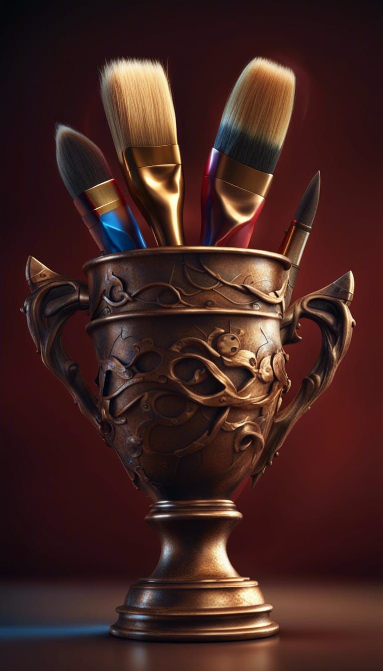 Bronze Trophy with Paintbrushes in Detailed Matte Painting