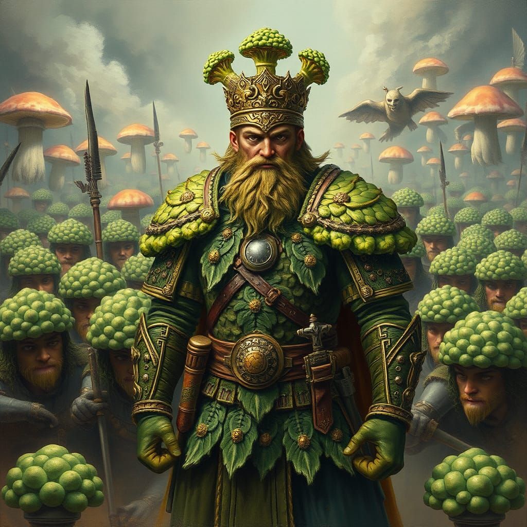 Broccoli Commander Leads Mushroom Army: Oil Painting