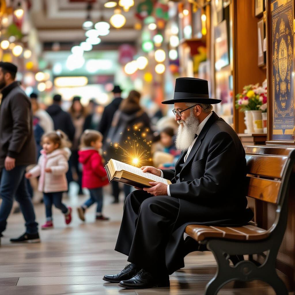 Hasidic Man Reading Torah in Crowded Room