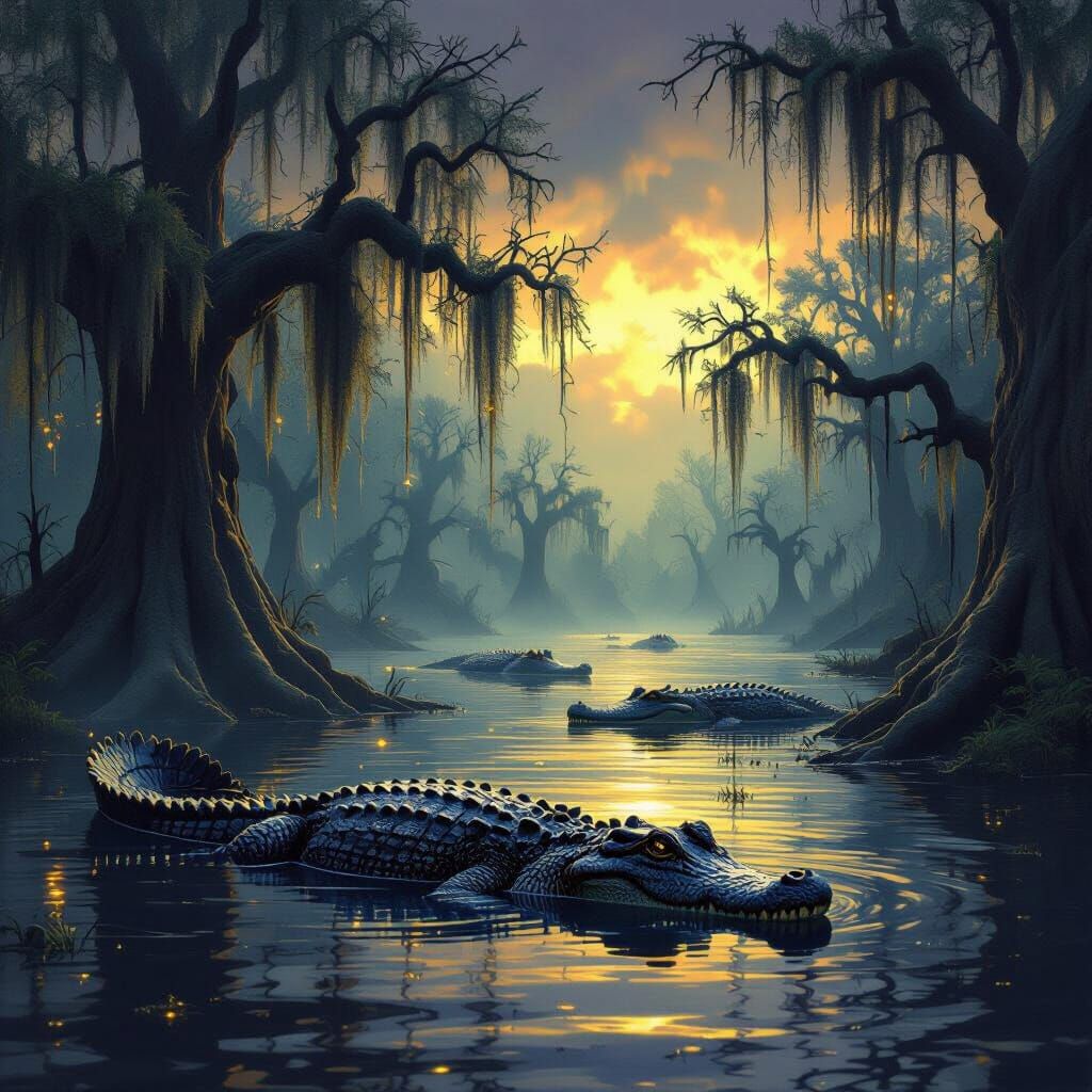 Stormy Swamp Alligators with Ethereal Glow