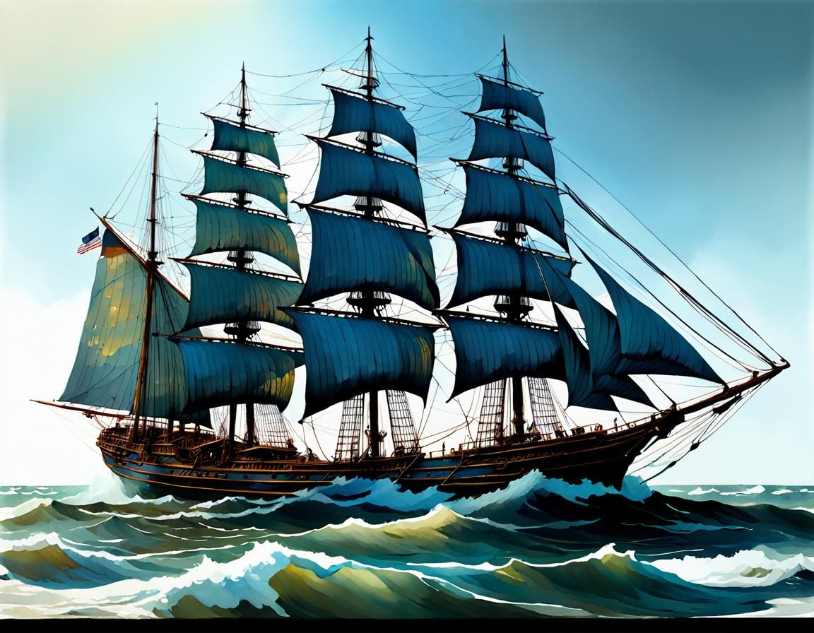 Sailing Ship on a Stormy Sea: Gouache Painting