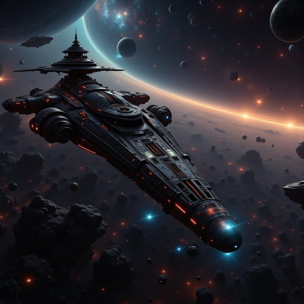 Damaged Spaceship Adrift in Asteroid Field