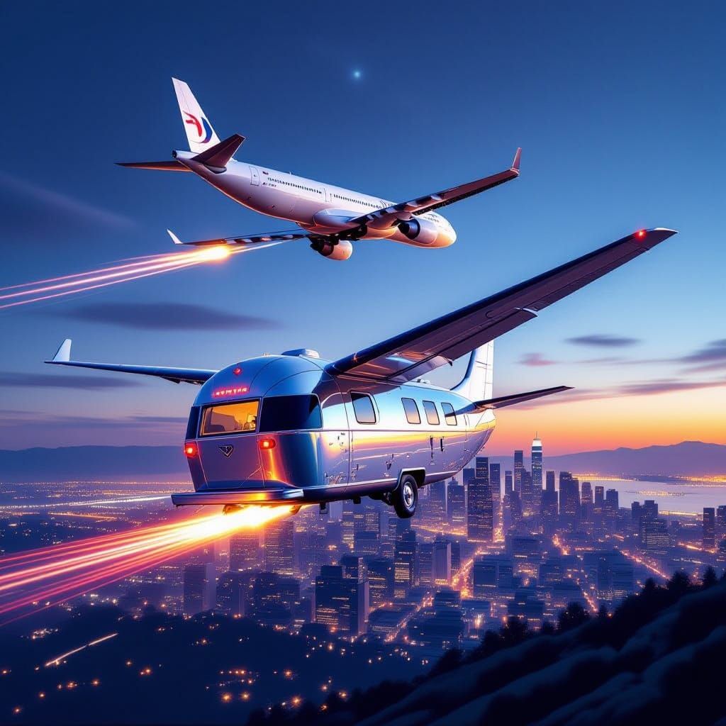 Vintage Airstream Soars With Airliner Above Cityscape