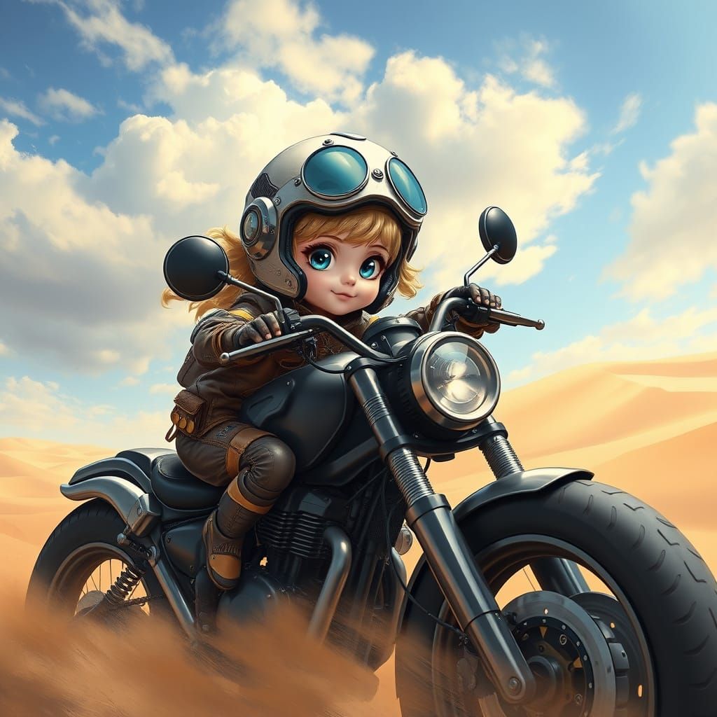 A little blonde girl with blue eyes rides a motorcycle in th...