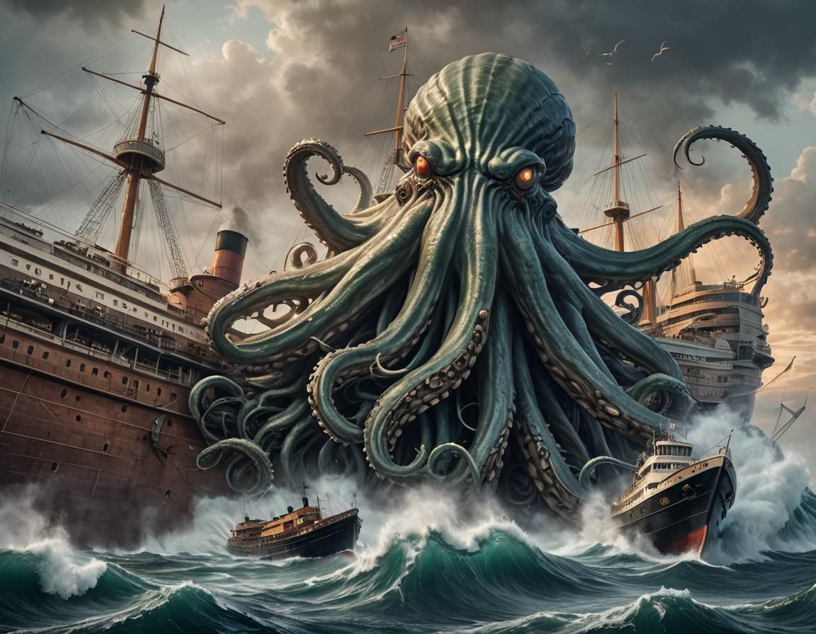 Kraken Attacks Ocean Liner: Hyperreal Epic Artwork