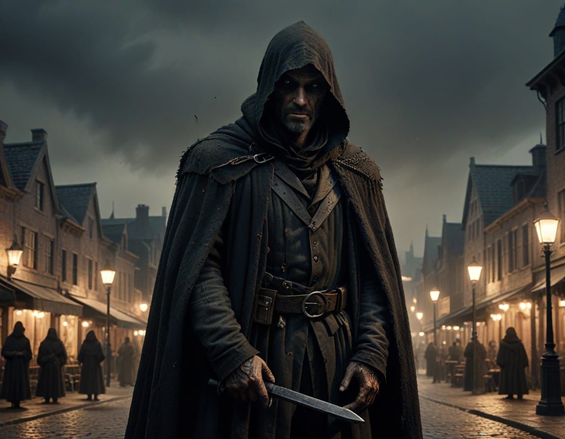 Dark Fantasy Hangman in Dimly Lit Town Square