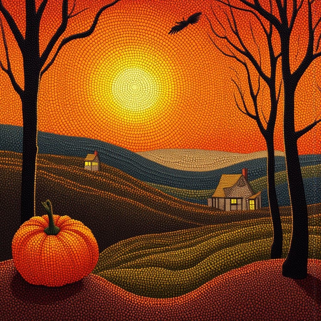 Halloween Landscape in Pointillism Style