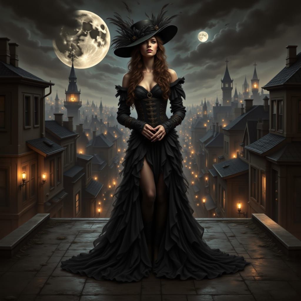 Goddess in Black Gown on City Rooftop at Night