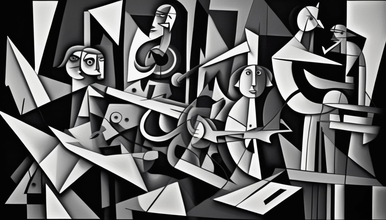 Cubist Expressionism: Chaotic Scene in Monochromatic Tones