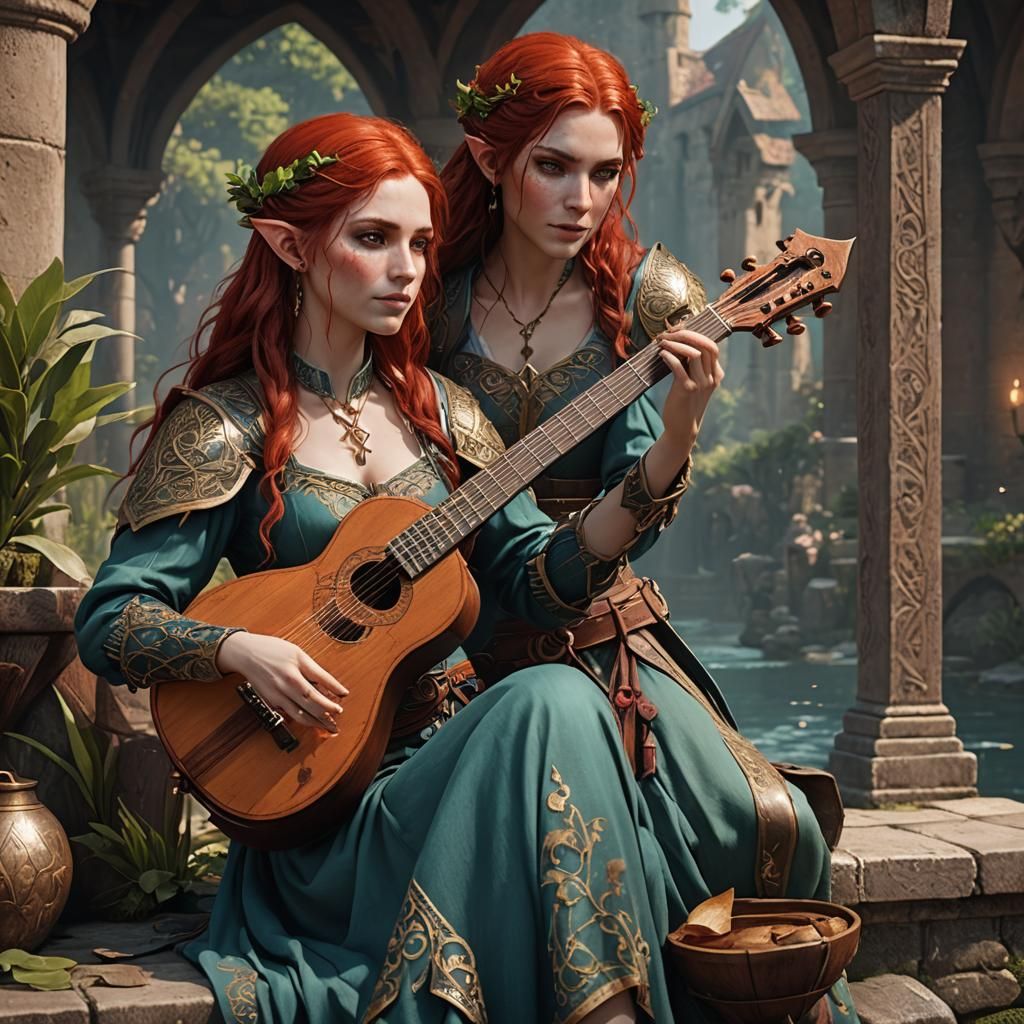 Half-Elf Bard with Lute: Detailed Digital Painting
