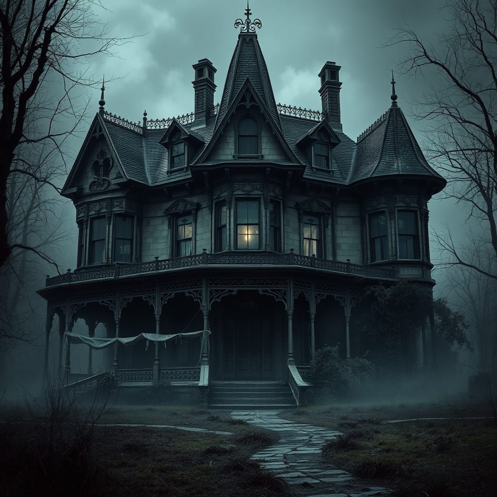 Eerie Victorian Mansion Bathed in Gothic Shadows