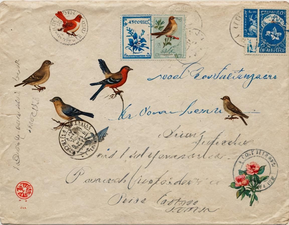 Vintage Postcard with Stamps, Birds, and Flowers
