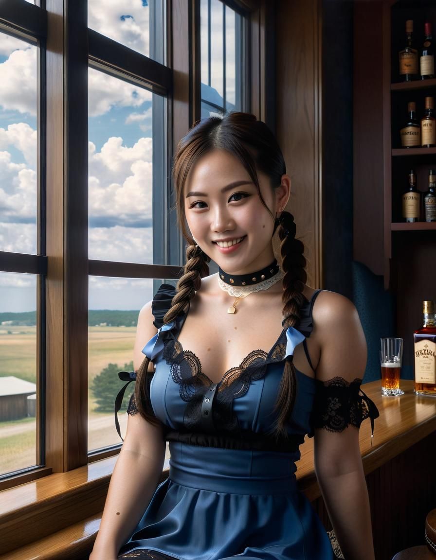 Korean Woman in Bar: Chiaroscuro Oil Painting