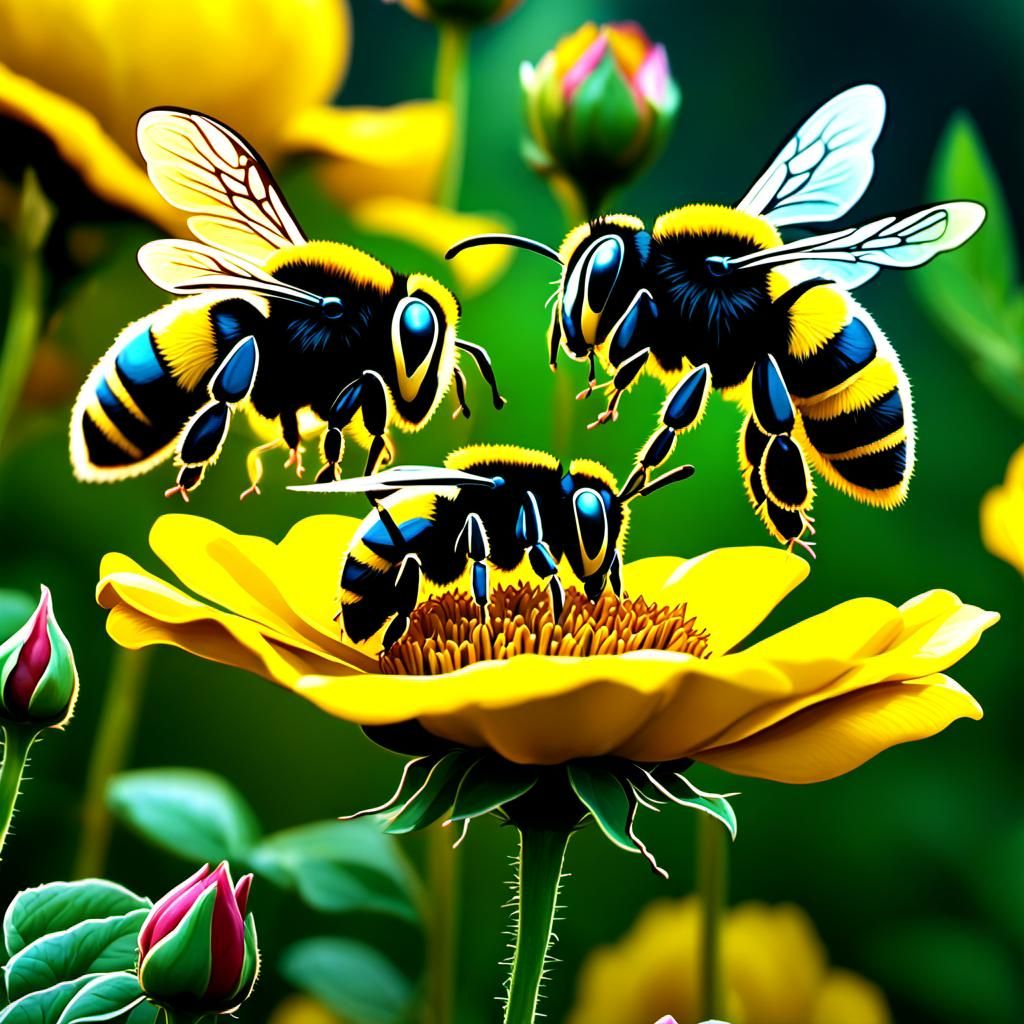 Bumblebees Dance Among Yellow Roses in Detailed Painting