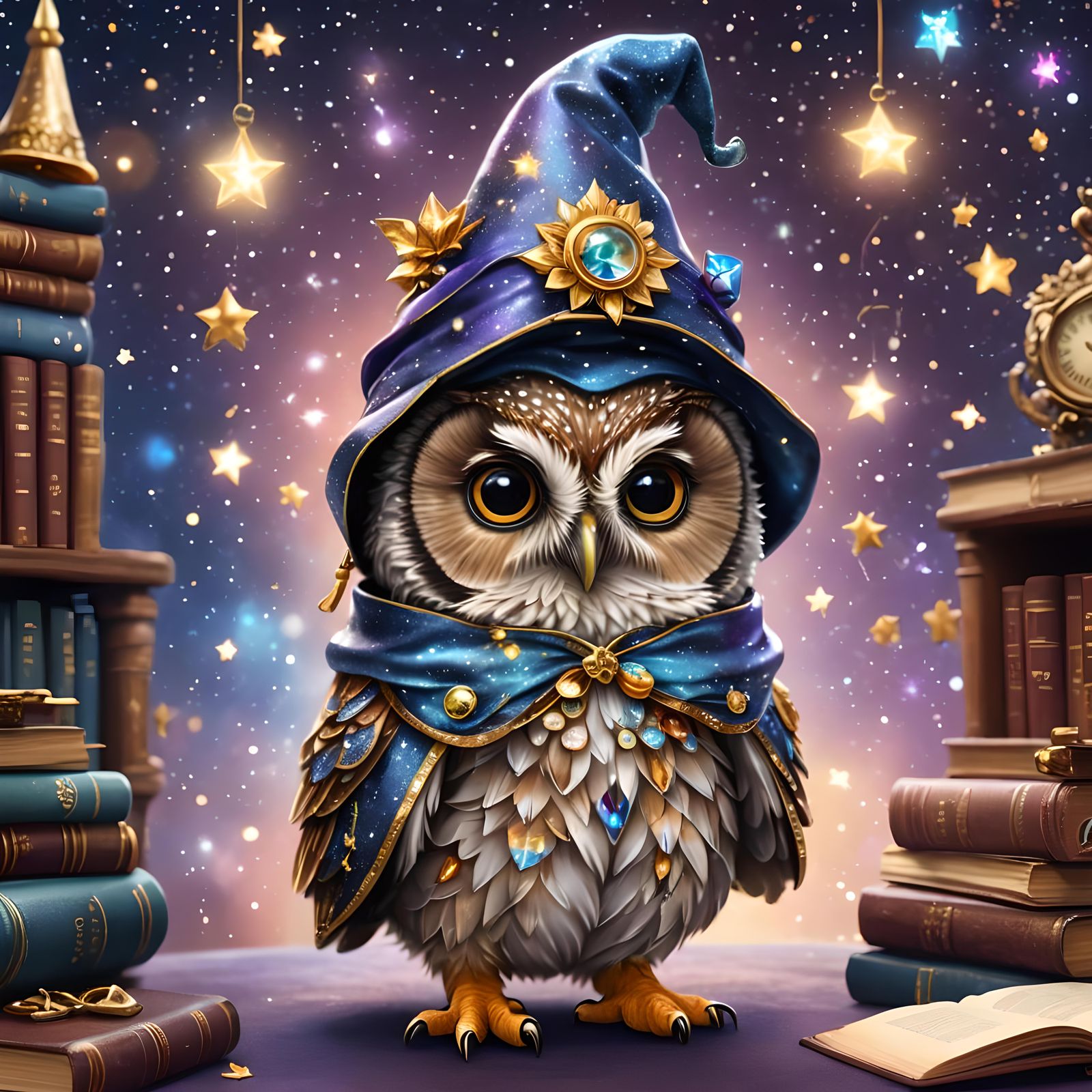 Enchanted Chibi Owl Wizard in Cosmic Library