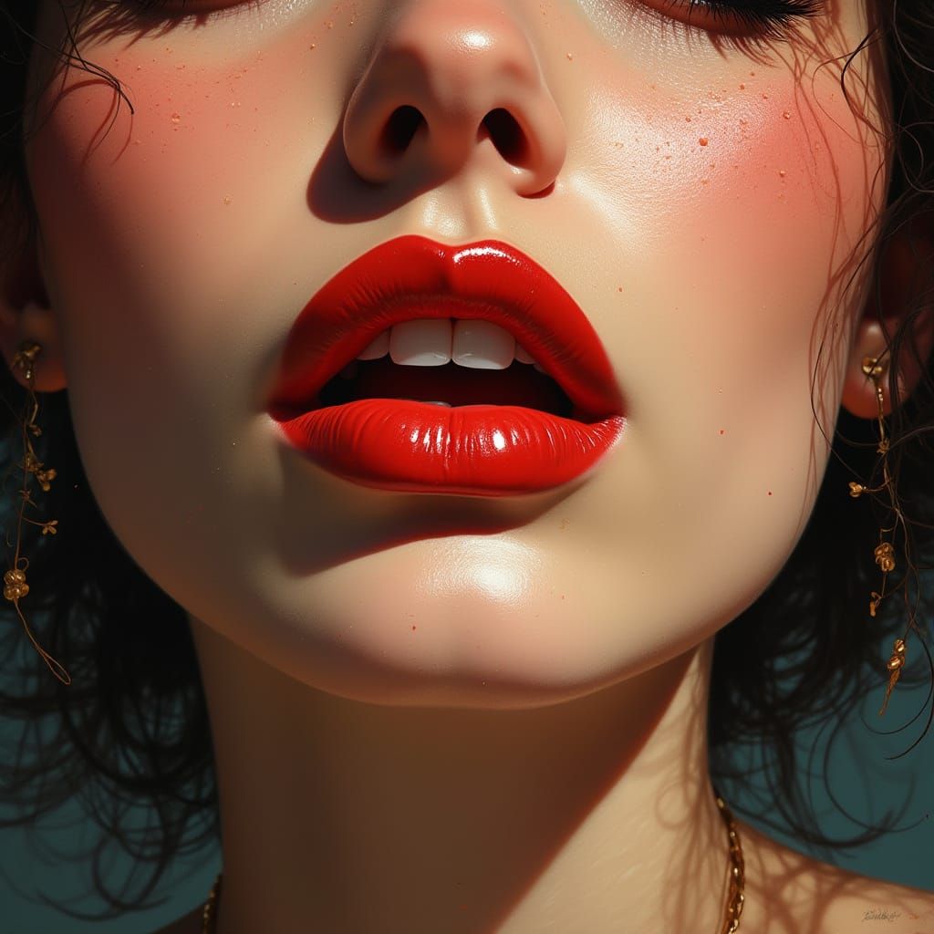 Woman's Portrait with Glossy Lips in Art Nouveau Style