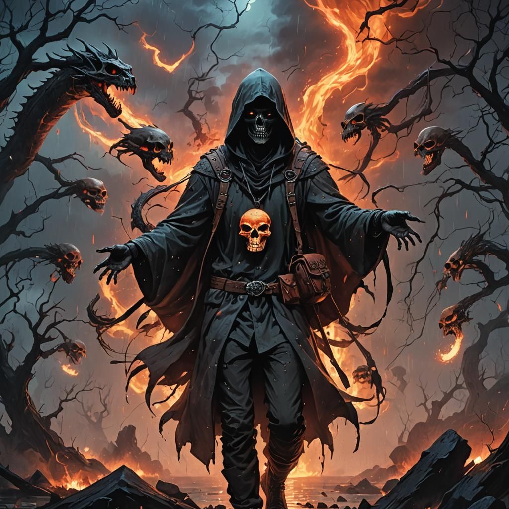 Dark Fantasy Tiefling Wreathed in Skulls, 3D Rendering