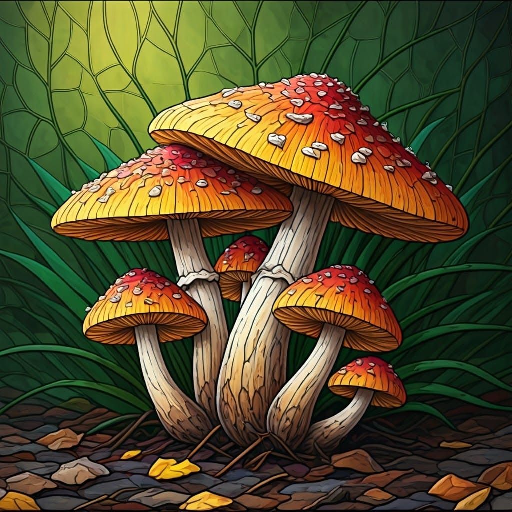 Rainy Forest Mushrooms in Stained Glass Style