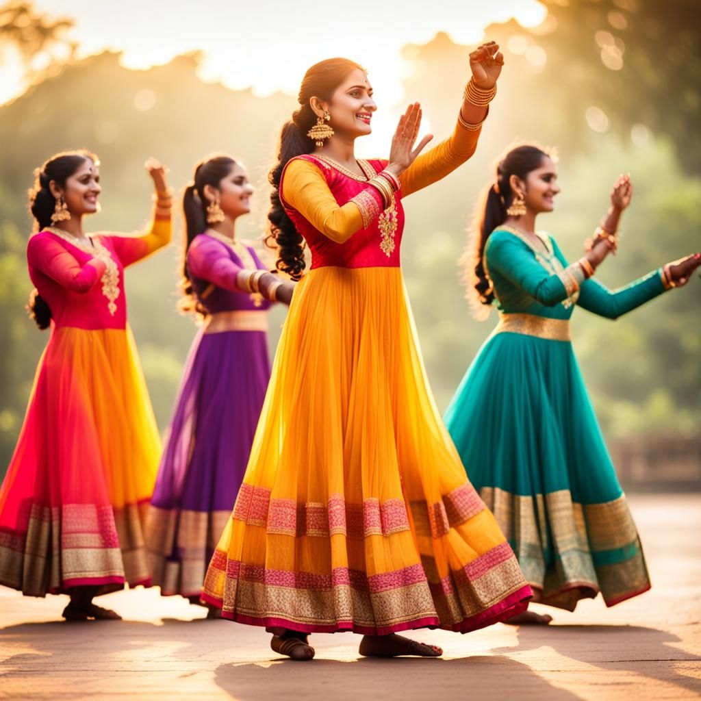 Indian women performing Indian traditional Kathak dance form wearing anarkali kurti outfit