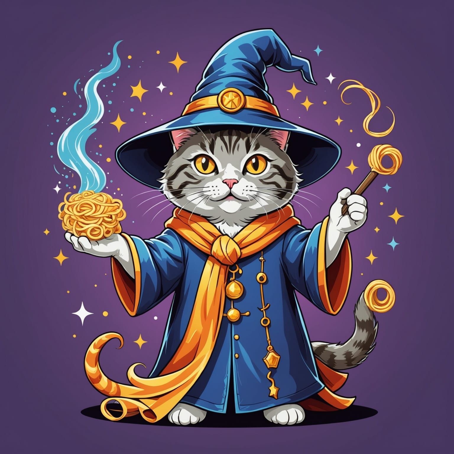 Wizard Cat Casting Noodle Spells: Cartoon Vector Art