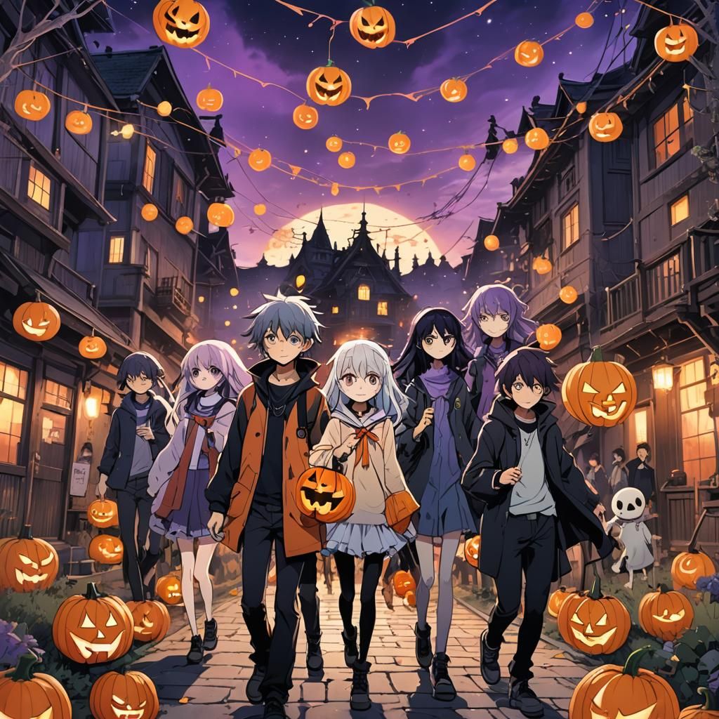 Halloween Celebration with Ghouls in Anime Style