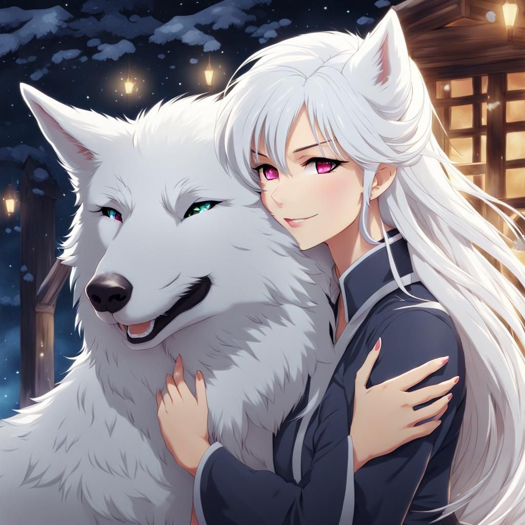 Woman and Wolf Embrace in Anime Style