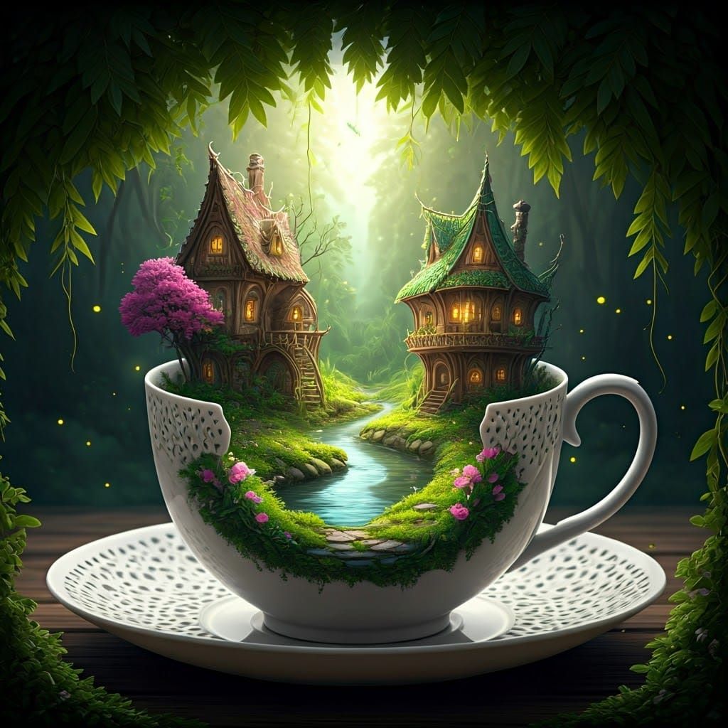 Fantasy World in Teacup: Atmospheric Digital Landscape