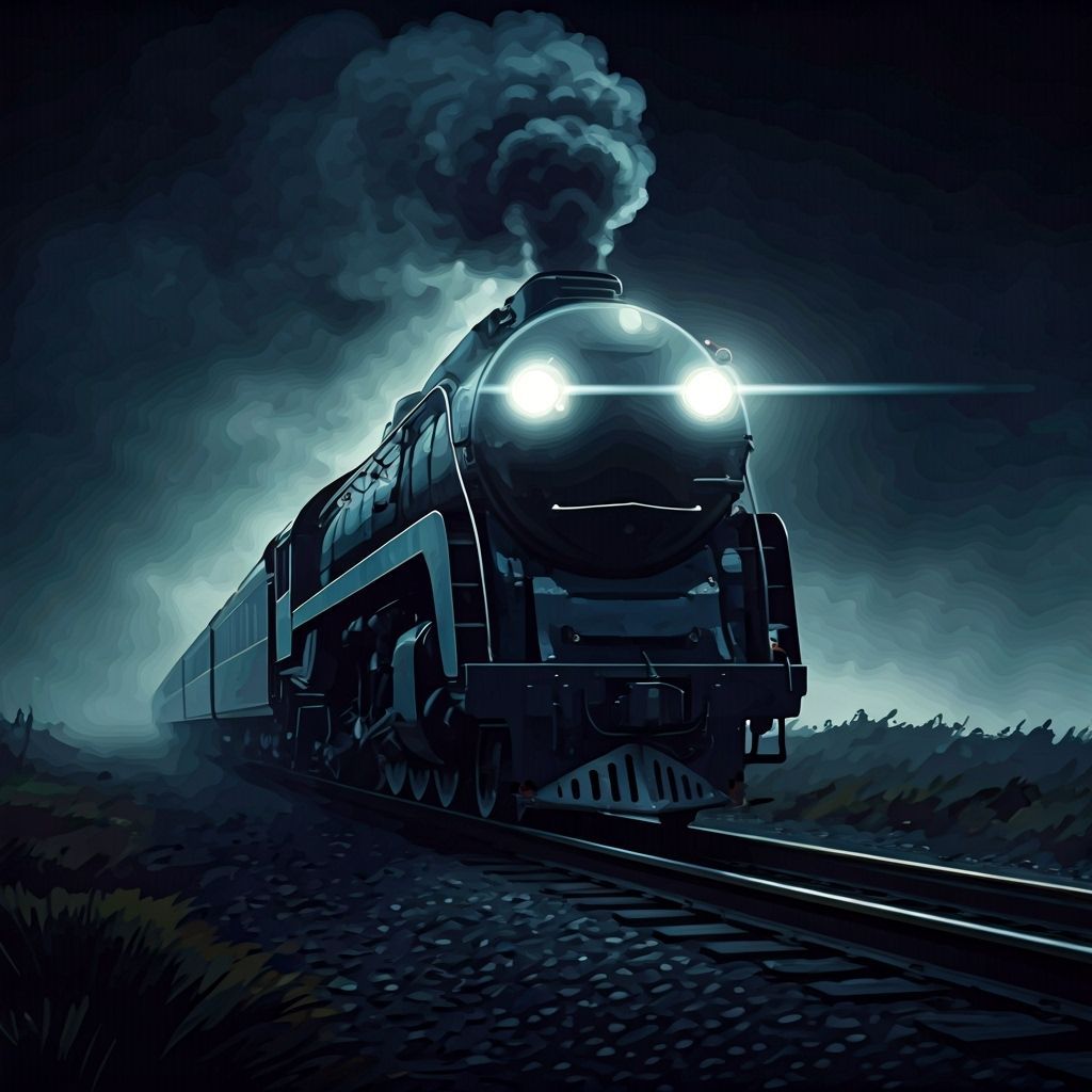 Sleek Train Speeds Through Foggy Night as Digital Ink Painti...