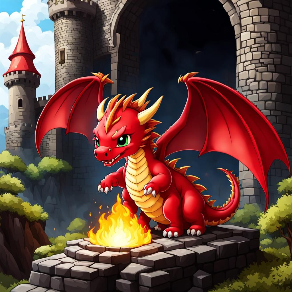 red dragon, breathing fire in a castle